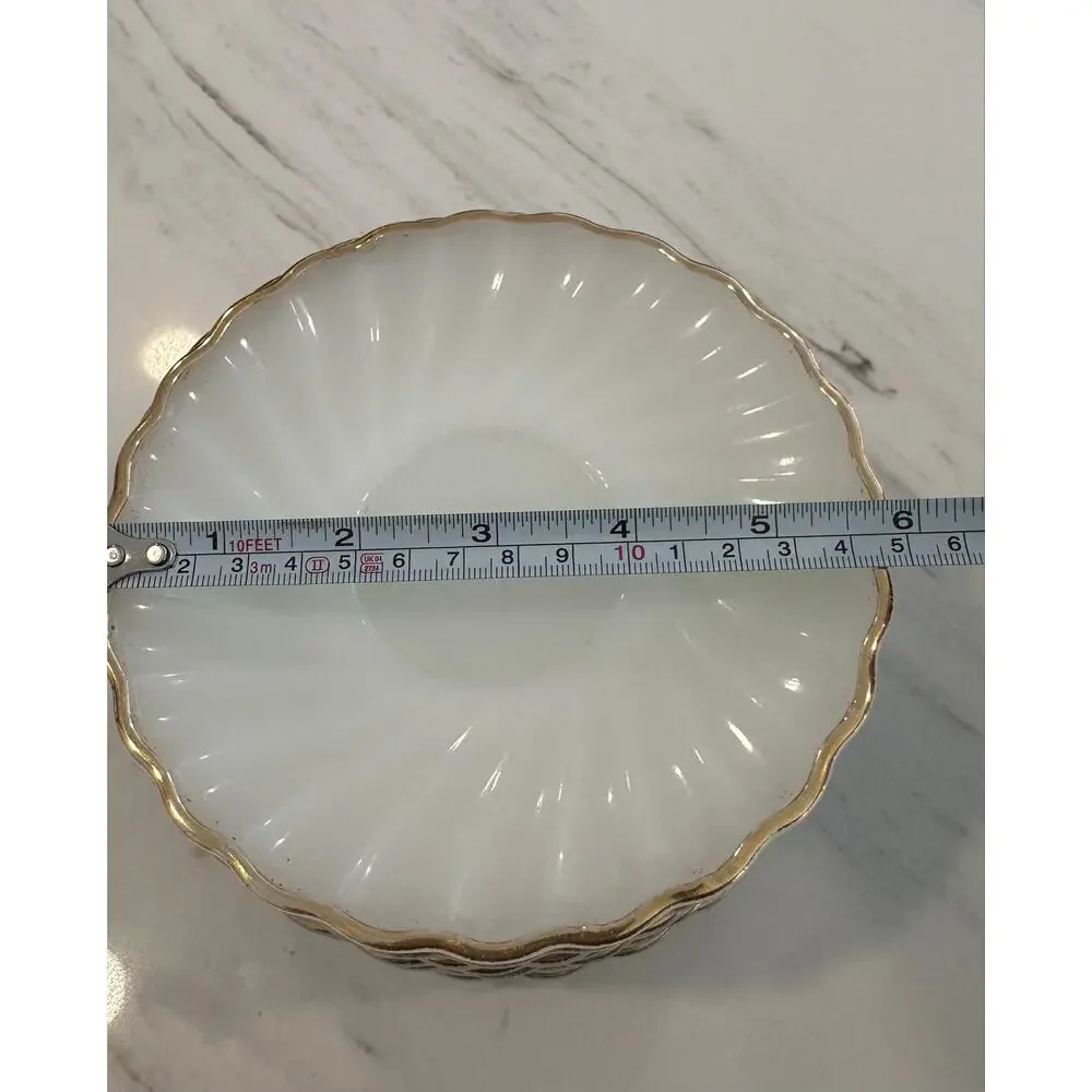 Vintage Anchor Hocking Suburbia Milk Glass Gold Trim Bread Dessert Plates Set 10